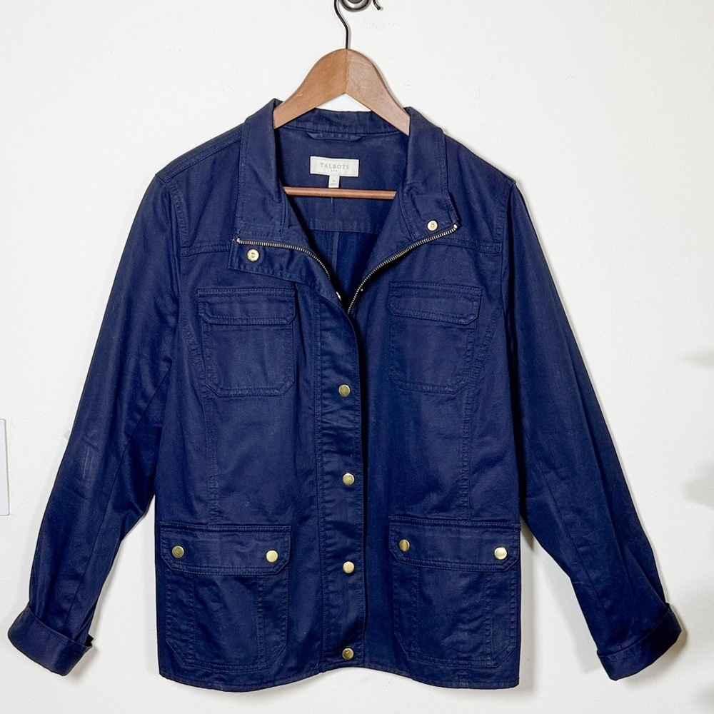 Talbots Womens Utility Jacket Navy Blueโ Gold Hardware Adjustable Waist Size 16